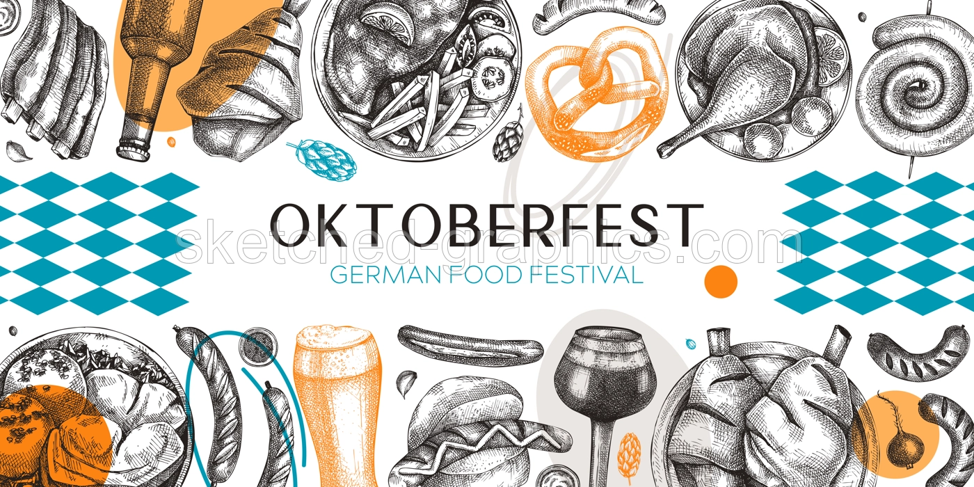 German food background in collage style. Oktoberfest menu trendy design. Vector meat dishes sketches and geometric shapes. German cuisine modern banner. Traditional Food festival illustration.  Illustration